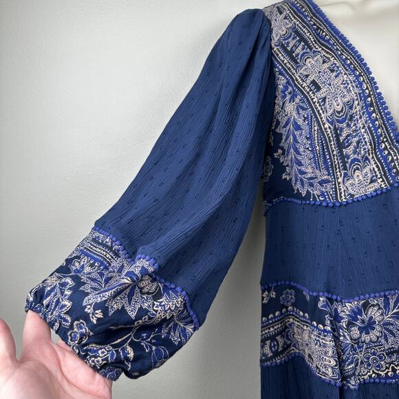 Free People My Love Mini Dress Long Sleeve Swing Pom Pom Paisley Blue Med Boho - Picture 7 of 16